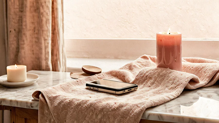 Un teléfono junto a velas y una toalla en la cabina de Piel Infinity
